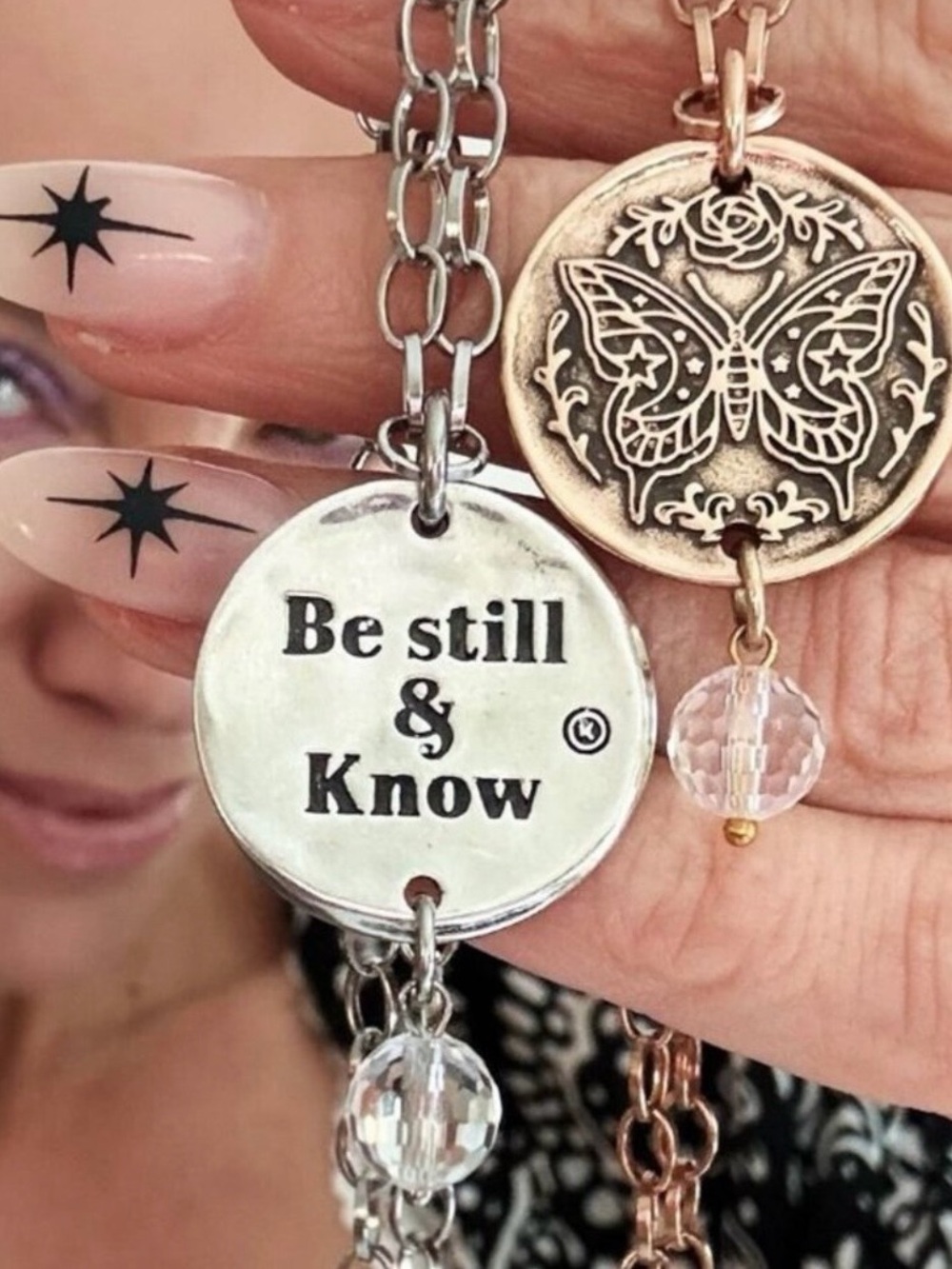 NWT Be Still & Know Gold-Tone Inspirational Pendant Necklace with Clear Crystal.